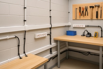 Üç renkli kablo hattını gösteren stilize çalışma masası üstten görünüm çizimi