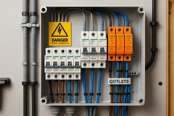 Kablo güvenliği ve sigorta etiketleri içeren küçük kontrol paneli