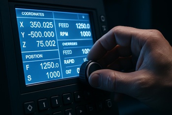CNC kontrol panelinde hassas ayar yapan el ve ışıklı ekran
