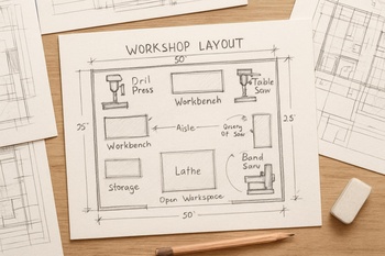 Defter üzerinde çizilmiş basit atölye yerleşim eskizi ve yanındaki kalem