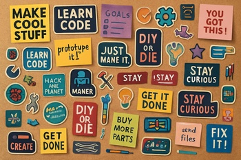 Atölye duvarında proje isimleri yazılı renkli not kağıtları