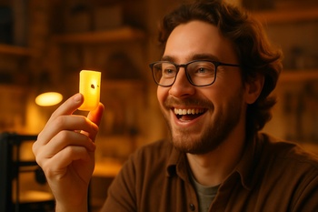 İlk başarılı 3D baskıya bakan mutlu maker ve parlayan küçük prototip