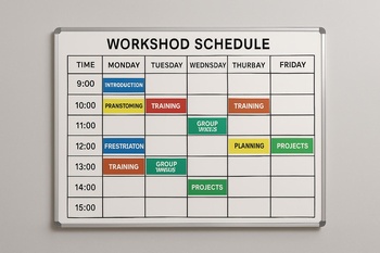 Haftalık baskı ve bakım takvimini gösteren WORKSHOP SCHEDULE panosu