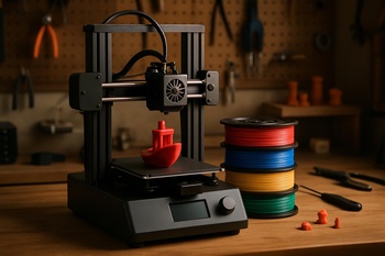 Ahşap tezgâh üzerinde çalışan kompakt 3D yazıcı ve renkli filament makaraları