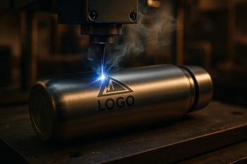Atölye ışığında metal termos üzerine logo işleyen lazer gravür makinesi