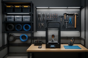 Düzenli raflar ve kablolarla kurulmuş modern maker çalışma alanı