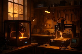 Loş ışıklı odada köşe masaya yerleştirilmiş 3D yazıcı ve pinco ayaklar