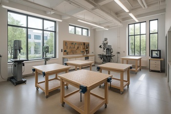 Geniş pencereli odada 3D yazıcı ve CNC için ayrı çalışma yüzeyleri