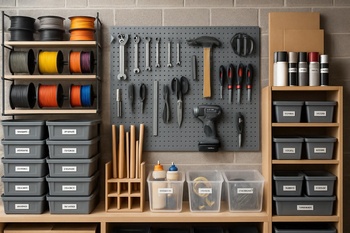 Duvara monte raflarda lazer, filament kutuları ve takım tepsileri