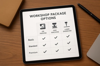 3D yazıcı, CNC ve lazer için farklı atölye paketlerini gösteren seçim tablosu