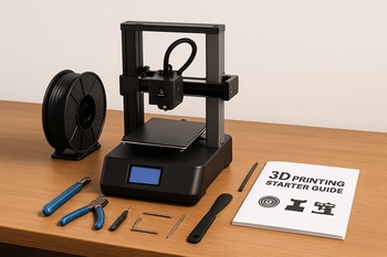 Küçük masa üzerinde duran kompakt 3D yazıcı ve renkli pinco ayakları