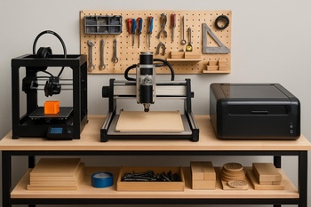 Uzun bir çalışma tezgâhında 3D yazıcı, CNC ve lazeri gösteren bütünleşik üretim alanı