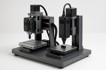 Dar bir tezgâhta yan yana duran mini CNC tezgâhı ve lazer gravür ünitesi