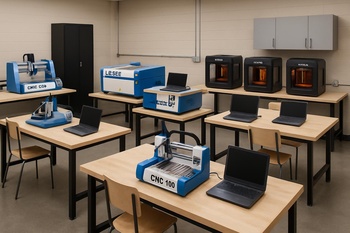 Öğrencilerin etrafında çalıştığı küçük okul atölyesinde üç cihazlı üretim alanı