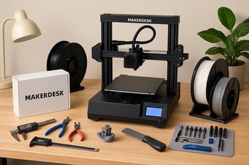 Laptop, 3D yazıcı ve takım çekmecesi bulunan kompakt maker masası