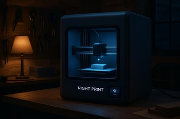 Loş ışıklı odada sessiz çalışan 3D yazıcı ve kapalı dolap içinde kablo düzeni