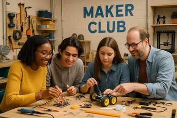 Öğrencilerle dolu küçük bir kulüp laboratuvarında 3D yazıcı ve CNC kullanan grup