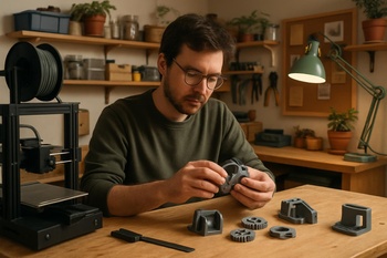 Salon köşesinde 3D yazıcı ile çalışan ev kullanıcısı