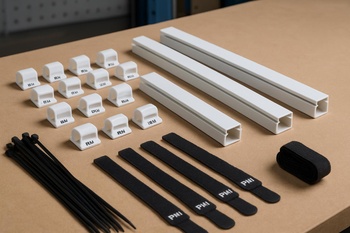 Atölye masası arkasında kabloları toplayan pin co kablo yönlendirme seti