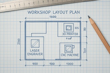 Küçük bir hobi odası için çizilmiş masaüstü atölye yerleşim planı