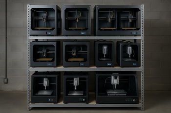 Kulüp laboratuvarında raf üzerinde sıralanmış birden fazla 3D yazıcı kombosu