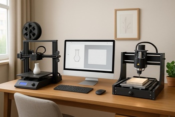 Ev köşesinde dizüstü bilgisayar ve 3D yazıcıdan oluşan sade makine kombinasyonu
