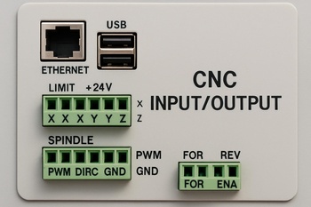 CNC tezgâhının arayüzünde etiketlenmiş acil durdurma ve hız kontrol düğmeleri