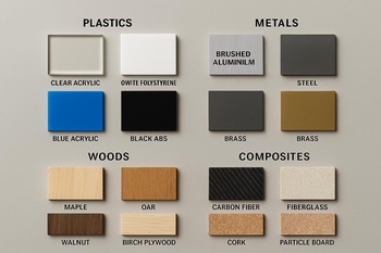 PLA, ahşap ve metal örneklerinden oluşan küçük numune panosu