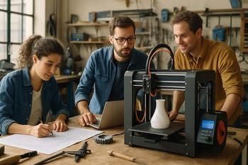 Gündüz ışığında hızlı baskı alan 3D yazıcı ve yanında duran numune parçalar