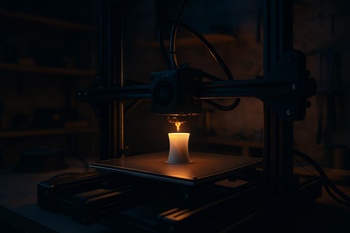 Loş odada sessiz modda çalışan 3D yazıcı ve kapalı dolap içi kablo düzeni