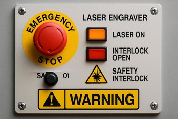 Lazer gravür makinesinin güvenlik uyarıları ve kilit durumunu gösteren gösterge paneli
