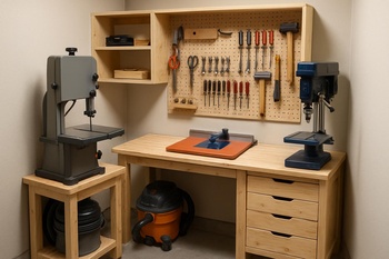 Köşe masada dizüstü bilgisayar ve 3D yazıcıdan oluşan kompakt kurulum