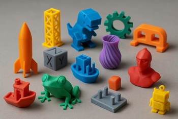 3D baskı ile üretilmiş küçük aparat ve figürlerden oluşan masa üstü düzeni