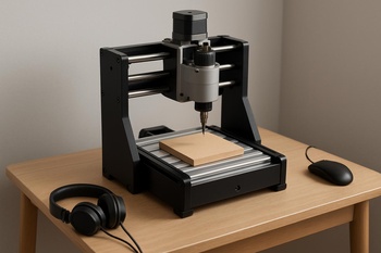 Küçük çalışma masasının üzerinde duran kompakt 3D yazıcı gövdesi