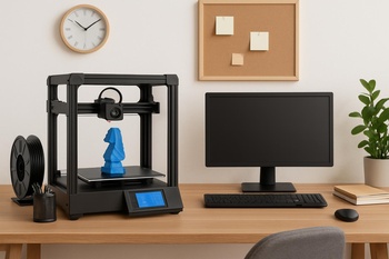 Orta boy masada 3D yazıcı ve küçük CNC tezgâhını yan yana gösteren düzen