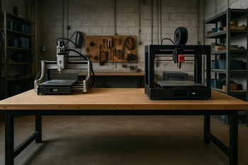 Geniş atölye tezgâhında 3D yazıcı, CNC ve lazer dizilmiş üretim hattı