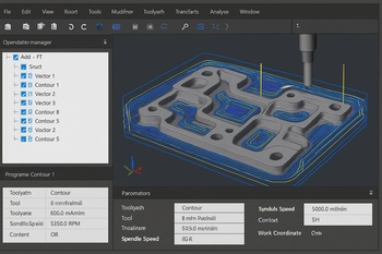CNC takım yollarını ve malzeme tablasını gösteren CAM yazılımı arayüzü