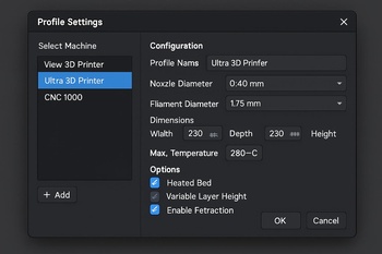 3D yazıcı için hazır profil listesini gösteren yazılım ekranı