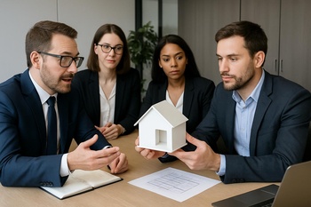 Müşteri ile masa etrafında eskiz ve numune parça üzerinde çalışan küçük atölye ekibi