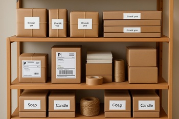Teslime hazır kutulanmış ürünlerin dizildiği raf ve üzerinde proje etiketleri