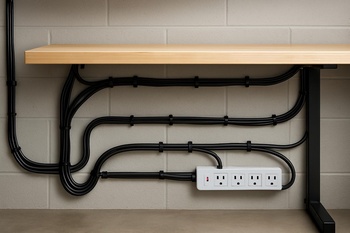 Masa arkasından geçen güç ve data kablolarını gösteren şematik fotoğraf