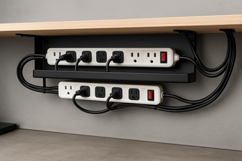 Masa altına sabitlenmiş kablo kanalı içinde düzenlenmiş kablolar