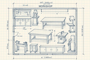 Atölye masasını, makineleri ve kablo hatlarını gösteren el çizimi eskiz