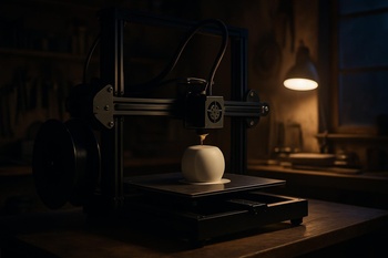 Akşam ev ortamında sessiz modda çalışan 3D yazıcı kurulum sahnesi