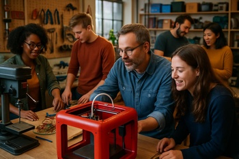 Hafta sonu kulüp atölyesinde aynı anda çalışan 3D yazıcı ve CNC makineleri