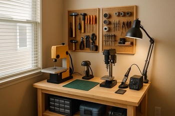 Küçük odada köşe masaya kurulmuş 3D yazıcı ve dizüstü bilgisayar