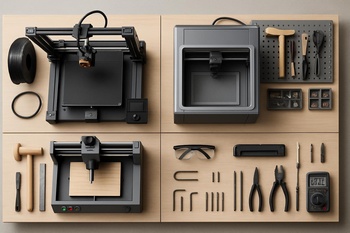 Atölye masasının üstten görünümüyle 3D yazıcı, CNC ve lazer yerleşim planı