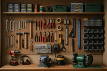 Atölye duvarı boyunca dizilmiş çoklu makine ve kablo kanalları