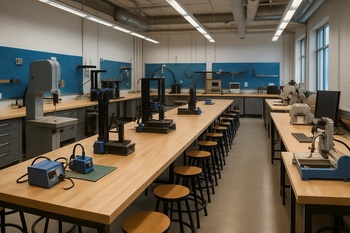 Kulüp atölyesinde öğrencilerin etrafında toplandığı uzun masa yerleşimi