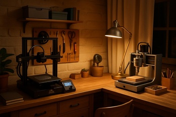 Ev köşesinde L şeklinde masa ve tek 3D yazıcıdan oluşan yerleşim planı